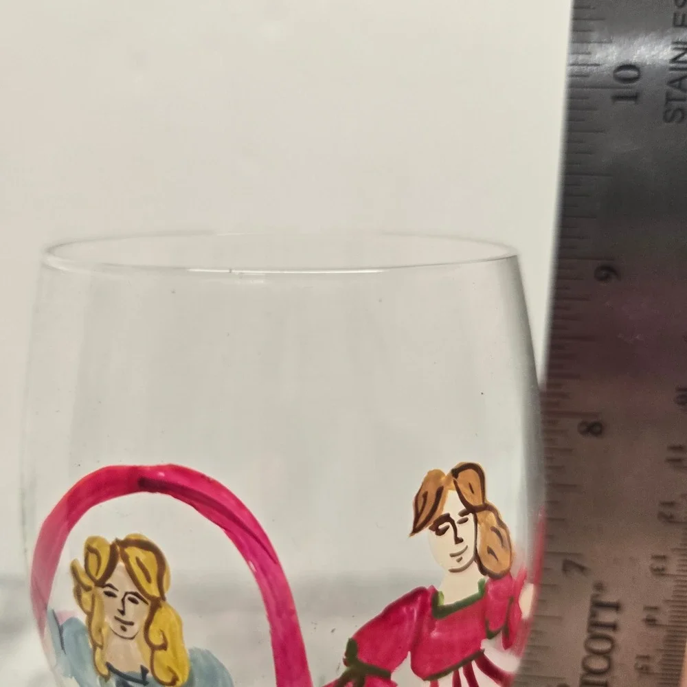 Hand Painted Christmas Wine Glass Victorian Women Holiday Candy Cane Stem